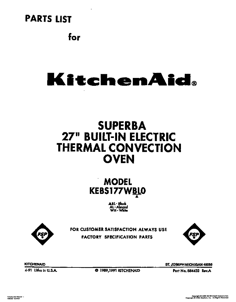 COVER Diagram and Parts List for KEBS177WAL0  KitchenAid Wall Oven