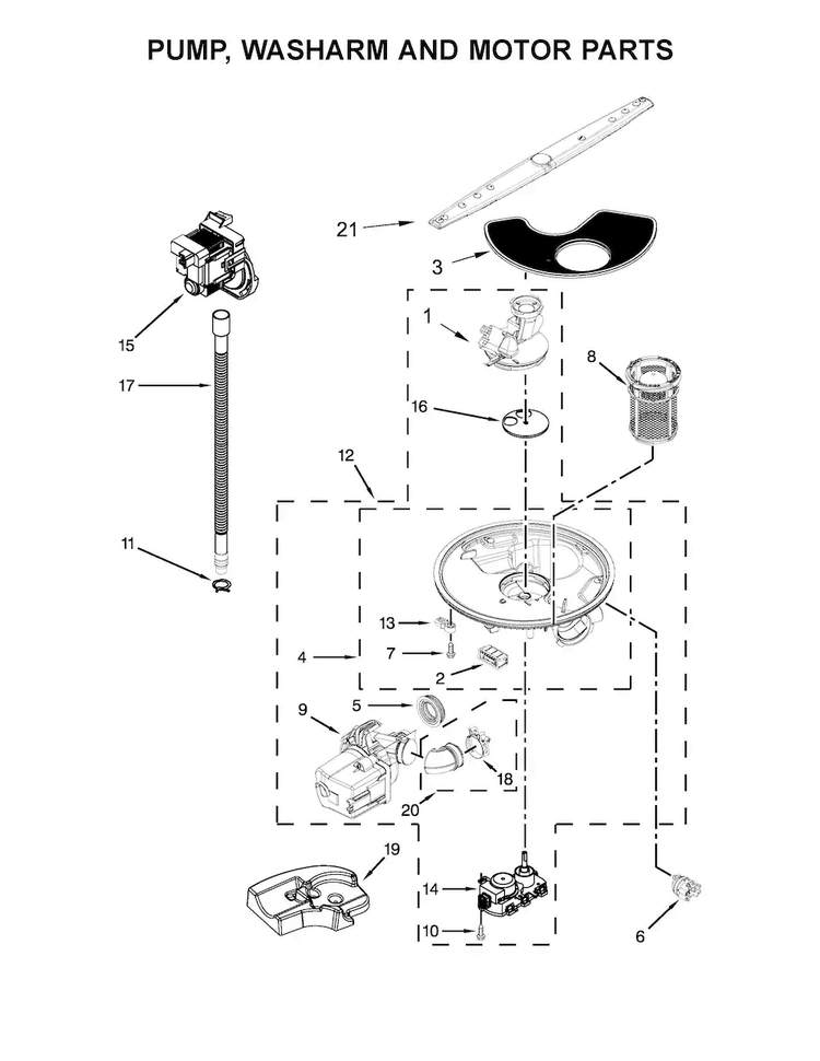 Pump, Washarm And Motor Parts Diagram and Parts List for WDT750SAHZ0  Whirlpool Dishwasher