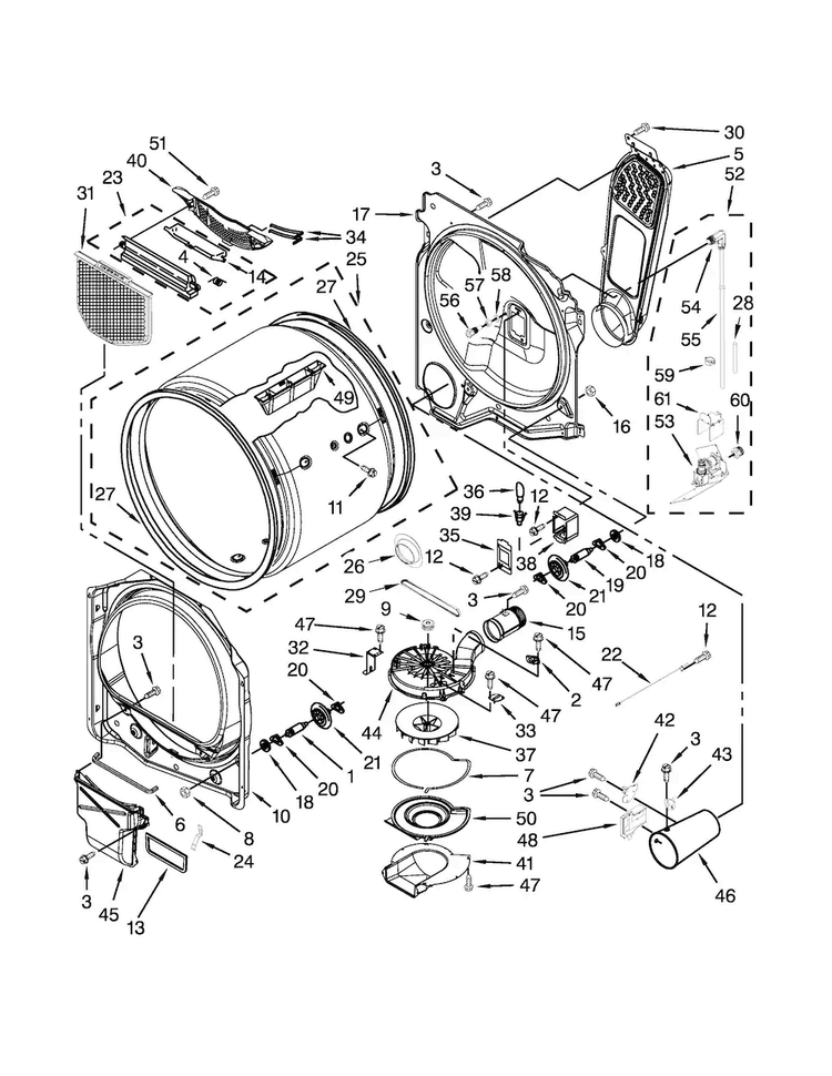 Bulkhead Parts Diagram and Parts List for WGD8500BR0  Whirlpool Dryer