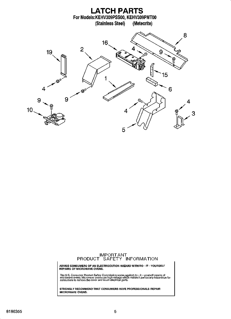 LATCH PARTS Diagram and Parts List for KEHV309PMT00  KitchenAid Microwave Oven Combo