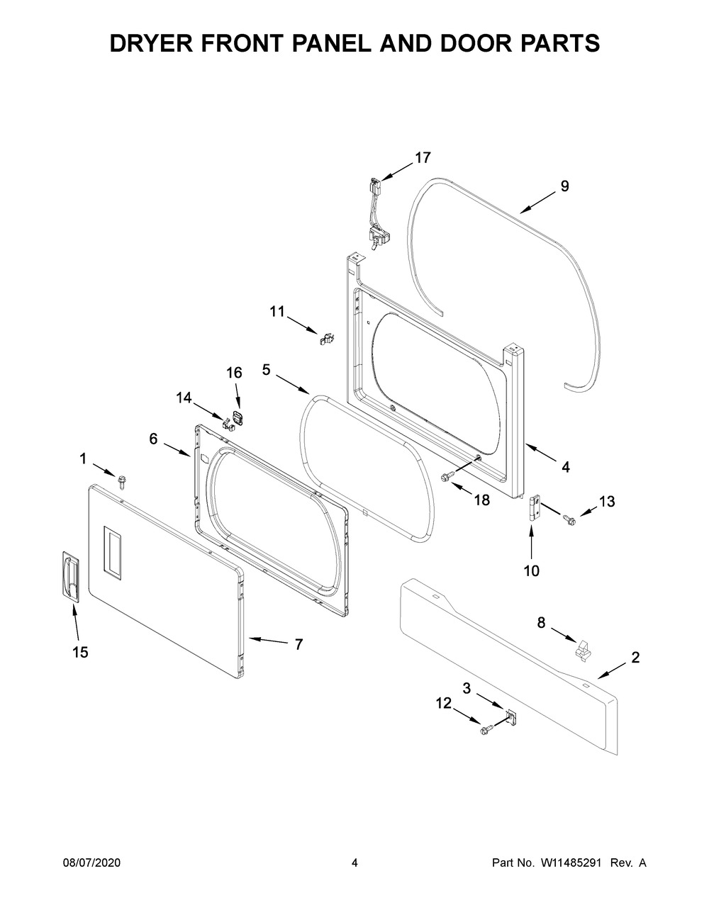 Dryer Front Panel And Door Parts Diagram and Parts List for WETLV27HW2  Whirlpool Washer Dryer Combo