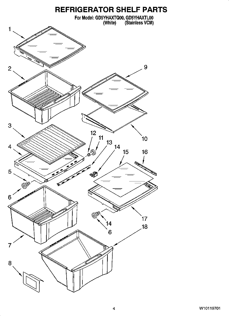 REFRIGERATOR SHELF PARTS Diagram and Parts List for GD5YHAXTL00  Whirlpool Refrigerator