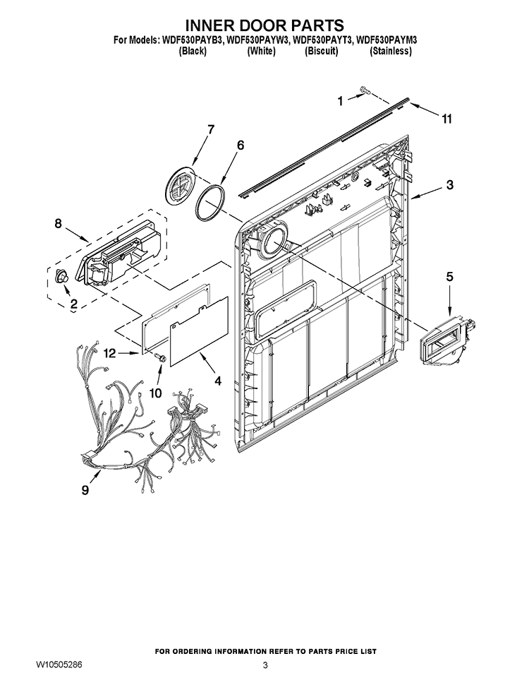 INNER DOOR PARTS Diagram and Parts List for WDF530PAYT3  Whirlpool Dishwasher