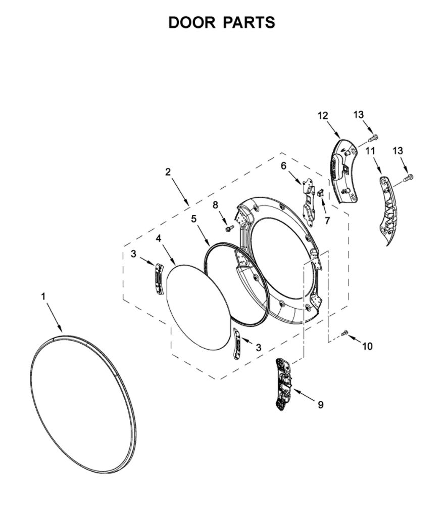 Door Parts Diagram and Parts List for WGD5620HW2  Whirlpool Dryer