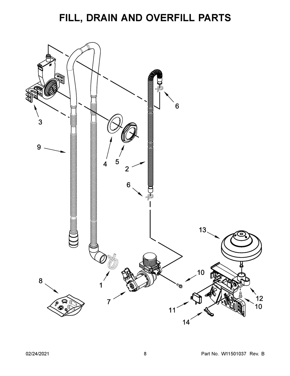Fill, Drain And Overfill Parts Diagram and Parts List for WDF520PADB8  Whirlpool Dishwasher