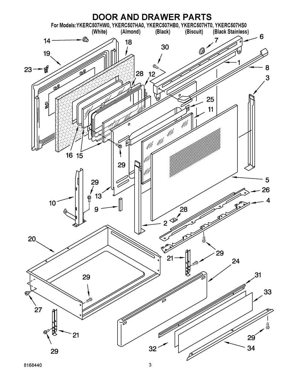 Door And Drawer Parts Diagram and Parts List for YKERC507HA0  Whirlpool Range