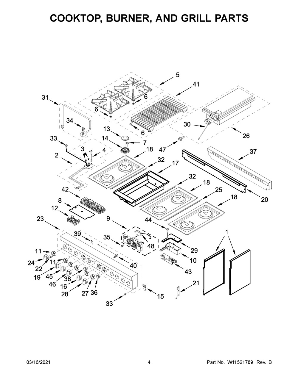 Cooktop, Burner, And Grill Parts Diagram and Parts List for JGRP648HL01  Whirlpool Range