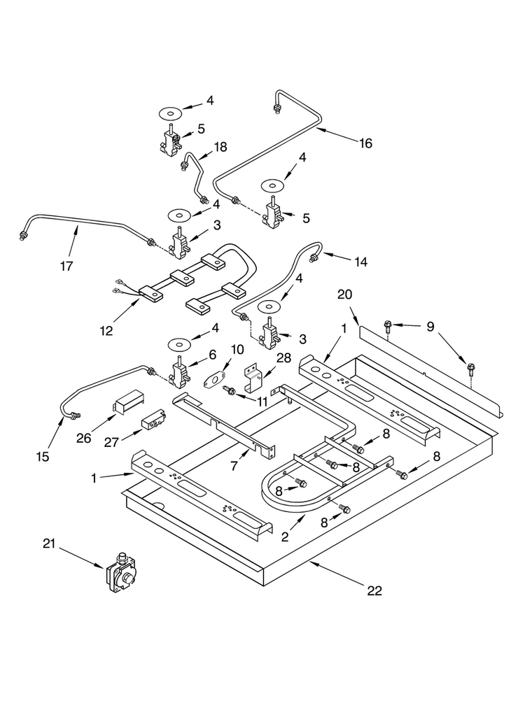 Burner Box, Gas Valves, And Switches Diagram and Parts List for 8186099  KitchenAid Cooktop