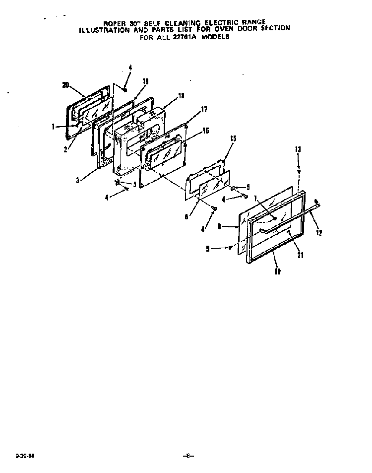 Oven Door Diagram and Parts List for 2276*1A  Roper Range