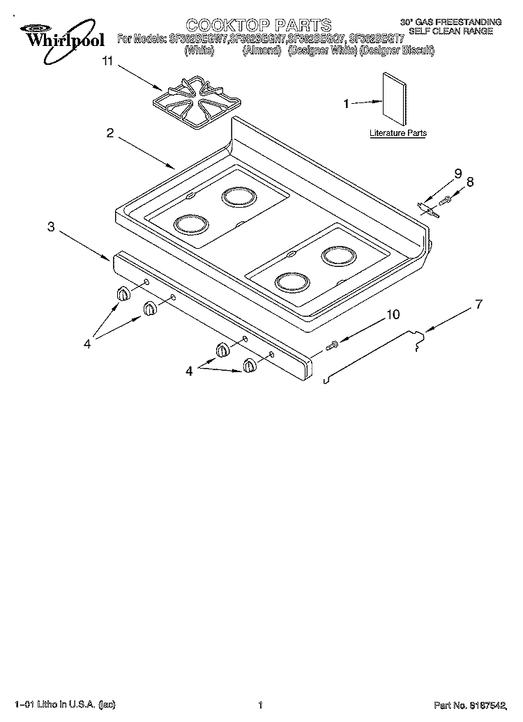 COOKTOP, LITERATURE Diagram and Parts List for SF362BEGQ7  Whirlpool Range