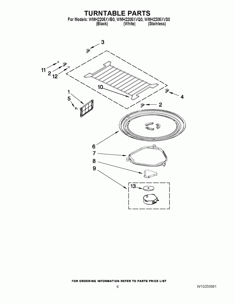 TURNTABLE PARTS Diagram and Parts List for WMH2205XVB0  Whirlpool Microwave