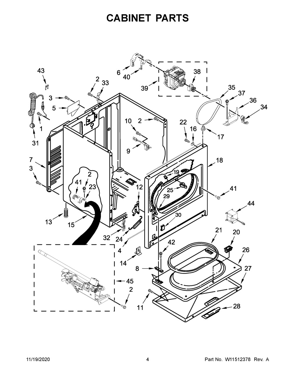 Cabinet Parts Diagram and Parts List for 4GWGD4815FW1  Whirlpool Dryer