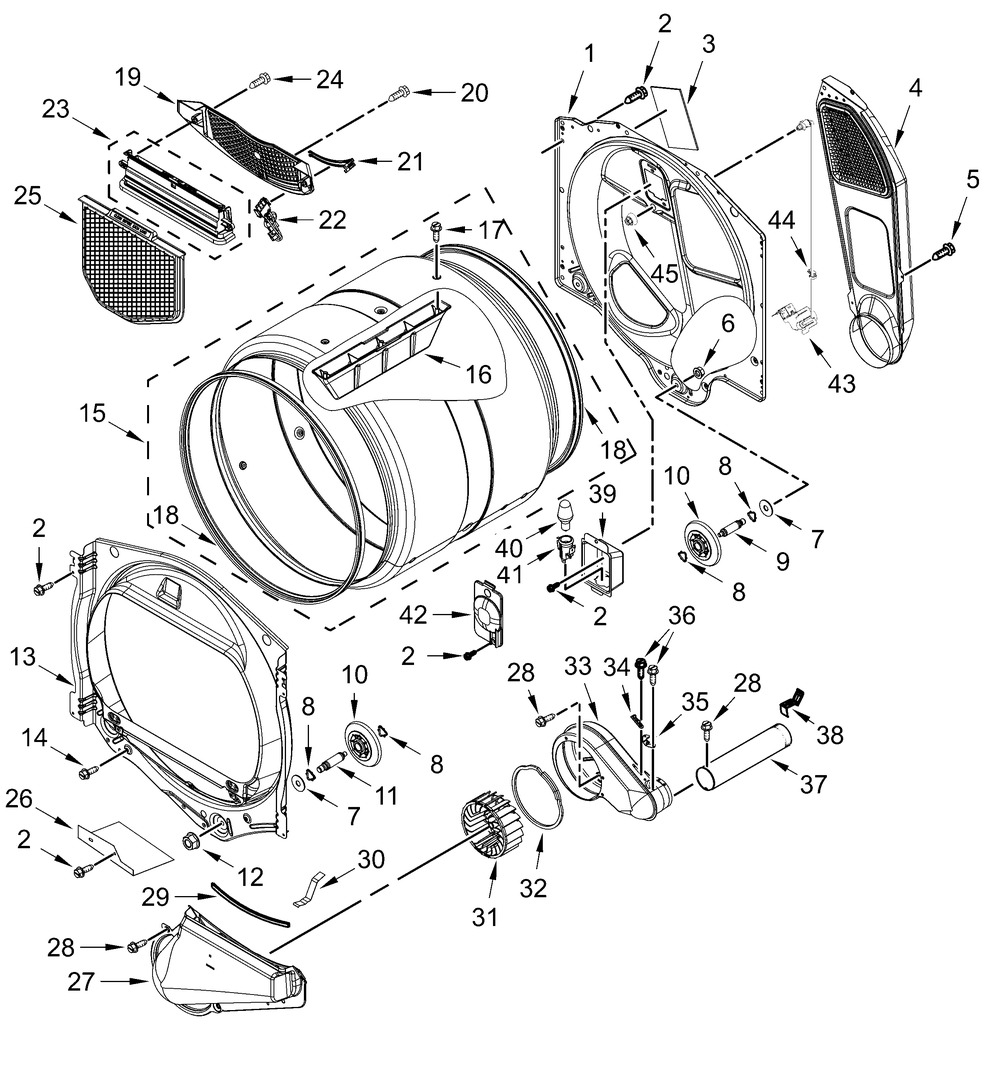 Bulkhead Parts Diagram and Parts List for MED7230HC4  Whirlpool Dryer