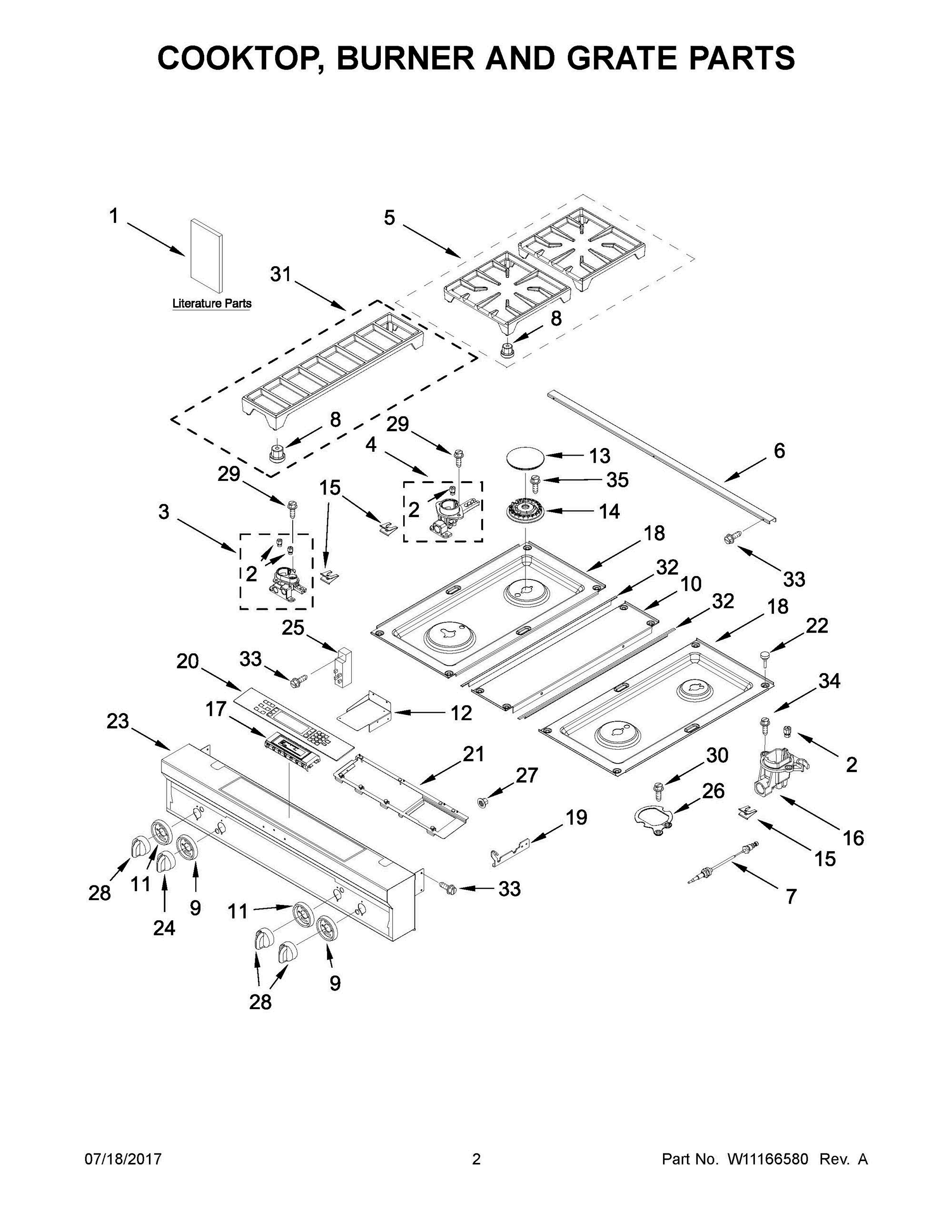 02 - COOKTOP, BURNER AND GRATE PARTS Diagram and Parts List for KDRS407VMW01  Whirlpool Range