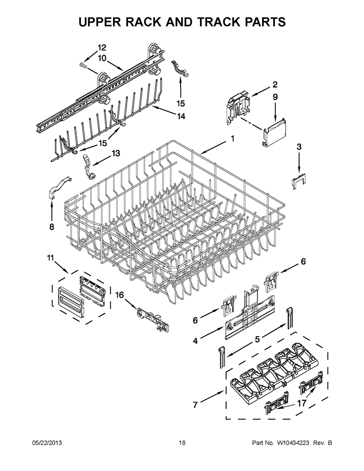 UPPER RACK AND TRACK PARTS Diagram and Parts List for KUDE60SXSS2  KitchenAid Dishwasher