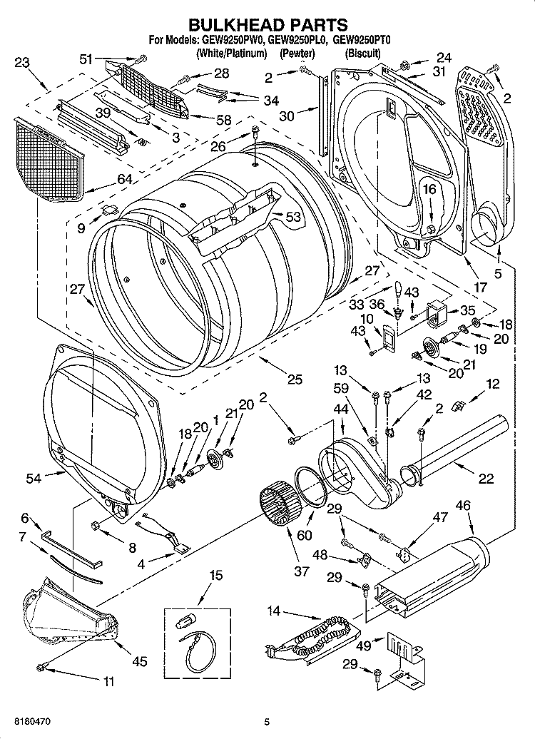 BULKHEAD PARTS Diagram and Parts List for GEW9250PT0  Whirlpool Dryer