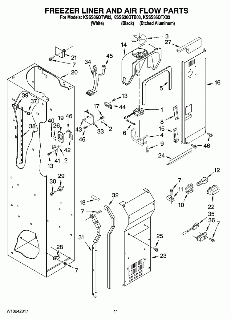 FREEZER LINER AND AIR FLOW PARTS Diagram and Parts List for KSSS36QTB03  KitchenAid Refrigerator