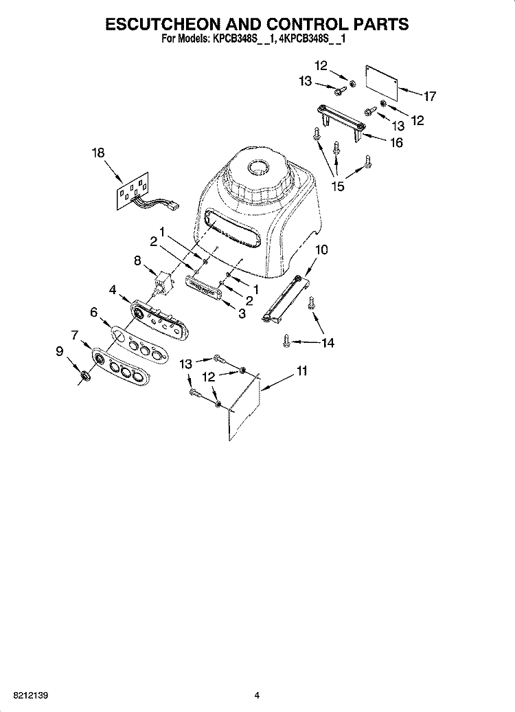 ESCUTCHEON AND CONTROL PARTS Diagram and Parts List for 4KPCB348SPM1  KitchenAid Blender