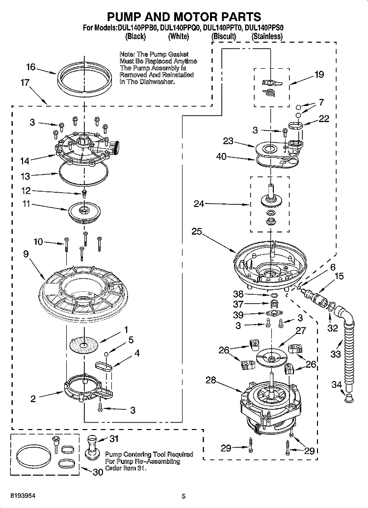 PUMP AND MOTOR PARTS Diagram and Parts List for DUL140PPT0  Whirlpool Dishwasher