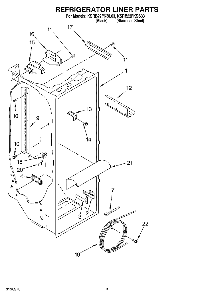 REFRIGERATOR LINER PARTS Diagram and Parts List for KSRB22FKSS03  KitchenAid Refrigerator