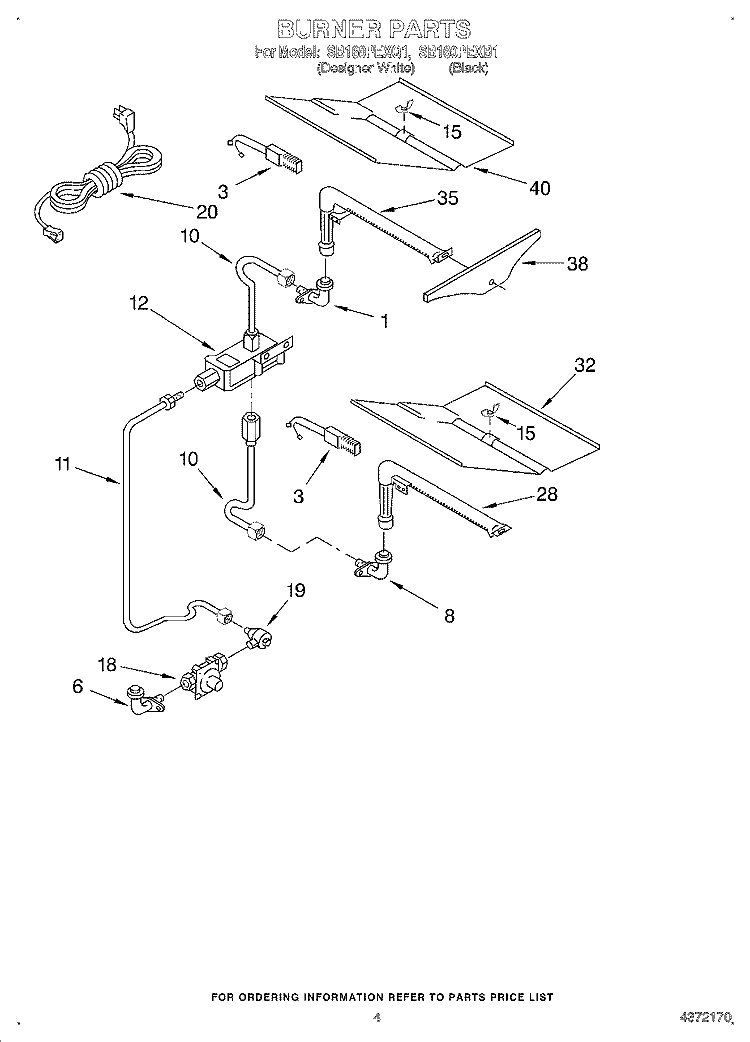 BURNER Diagram and Parts List for SB160PEXQ1  Whirlpool Wall Oven