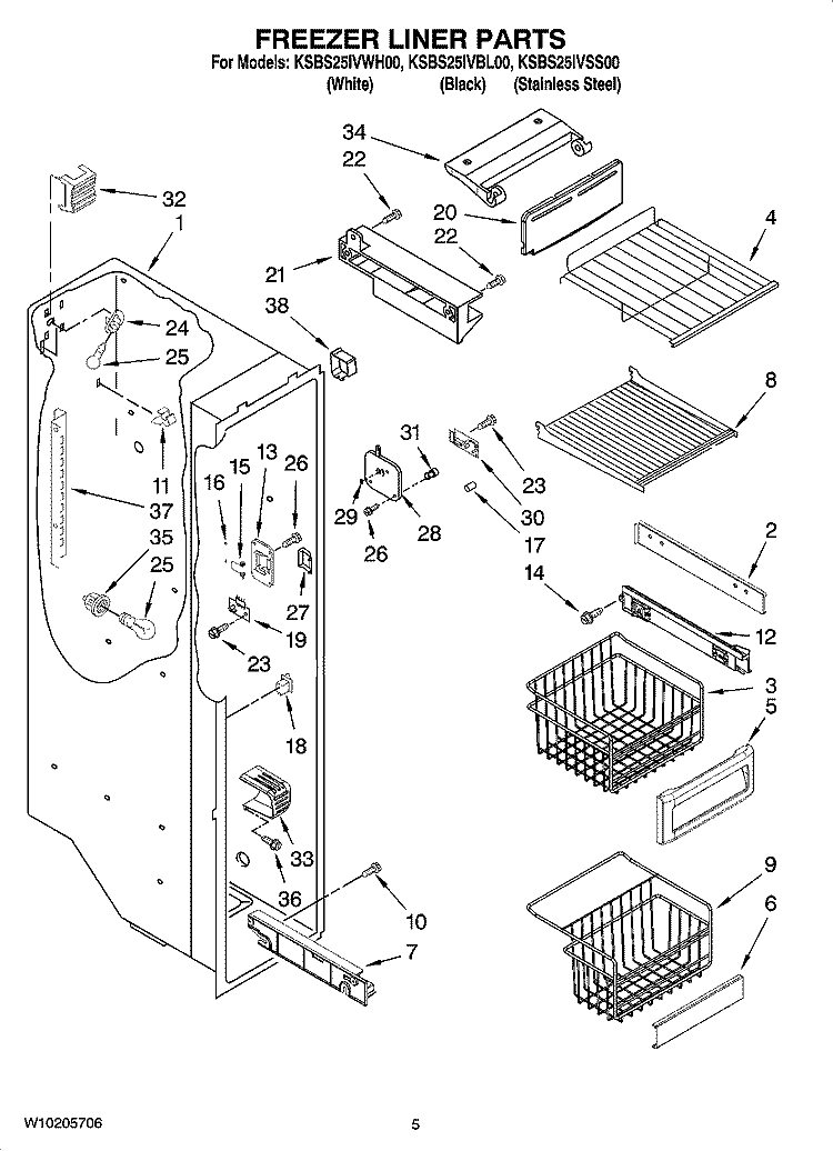 FREEZER LINER PARTS Diagram and Parts List for KSBS25IVSS00  KitchenAid Refrigerator
