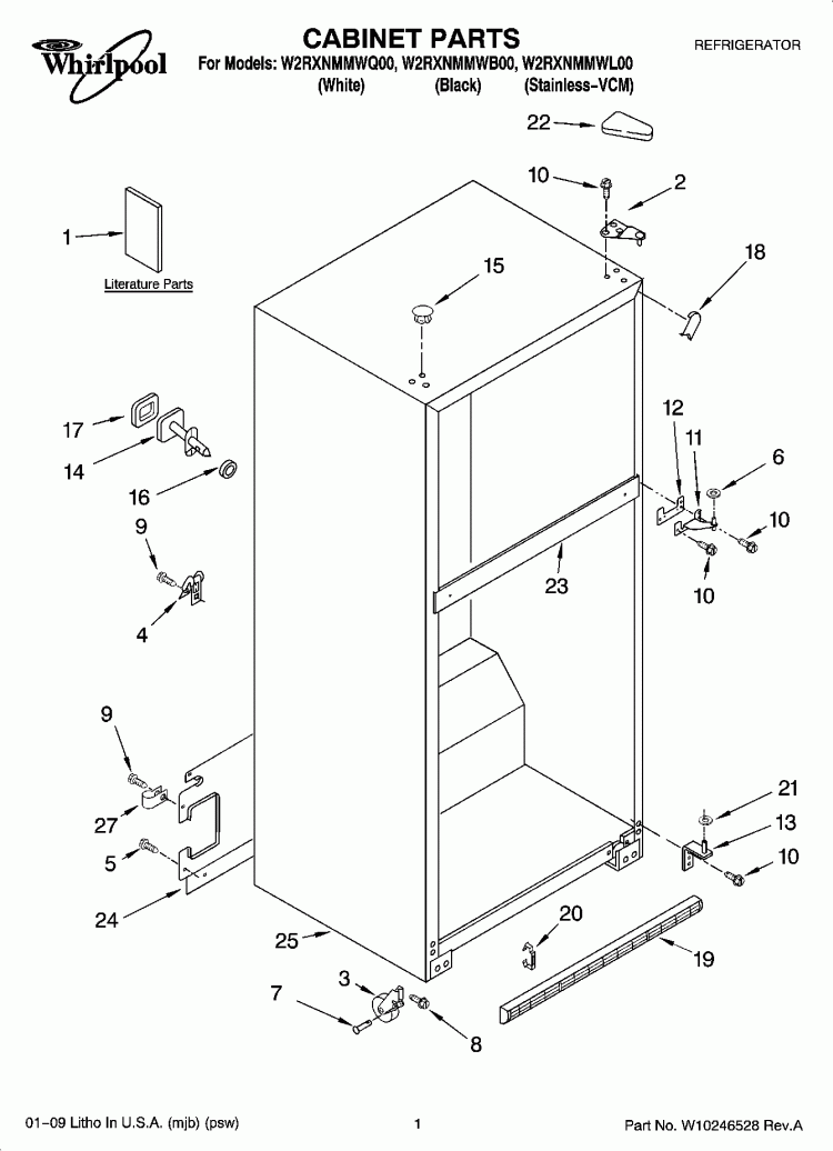 CABINET PARTS Diagram and Parts List for W2RXNMMWL00  Whirlpool Refrigerator