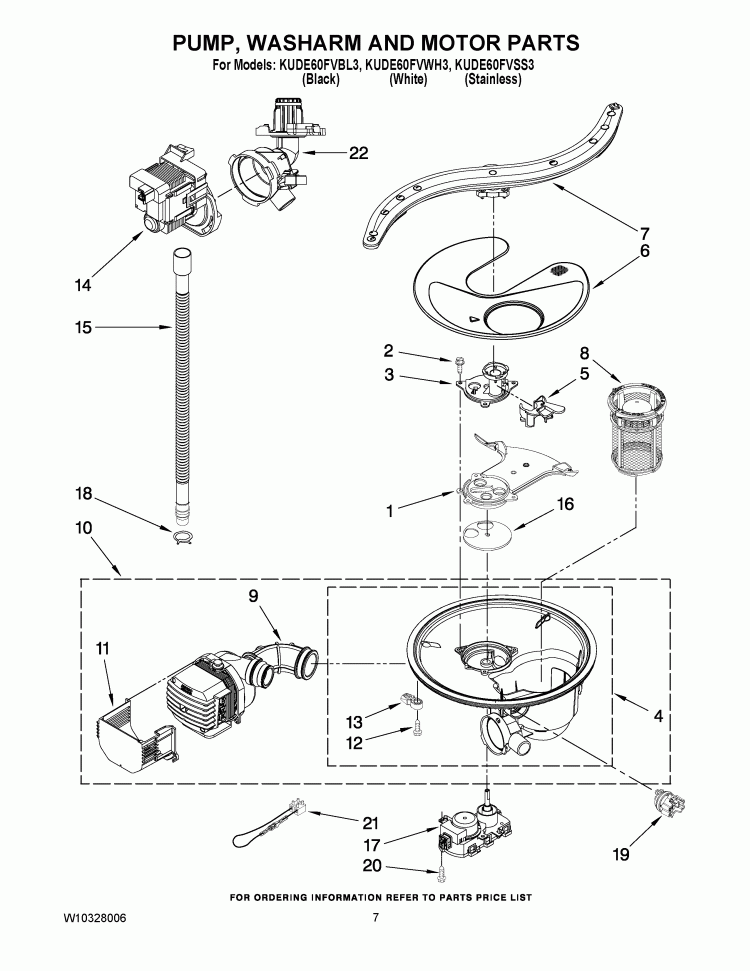 PUMP, WASHARM AND MOTOR PARTS Diagram and Parts List for KUDE60FVBL3  KitchenAid Dishwasher