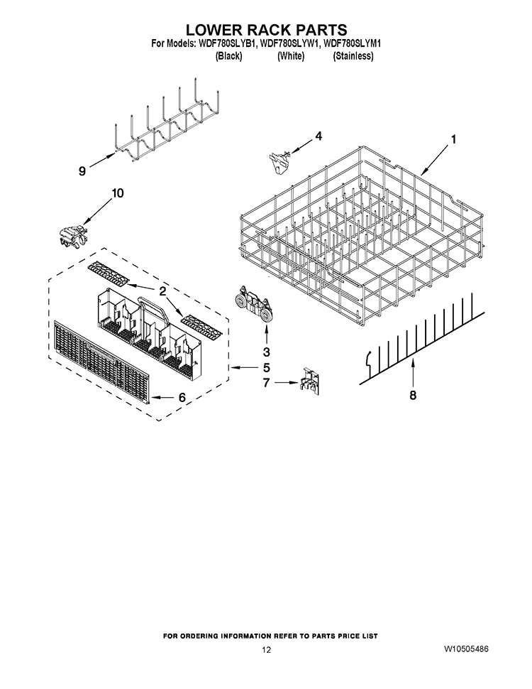 LOWER RACK PARTS Diagram and Parts List for WDF780SLYB1  Whirlpool Dishwasher