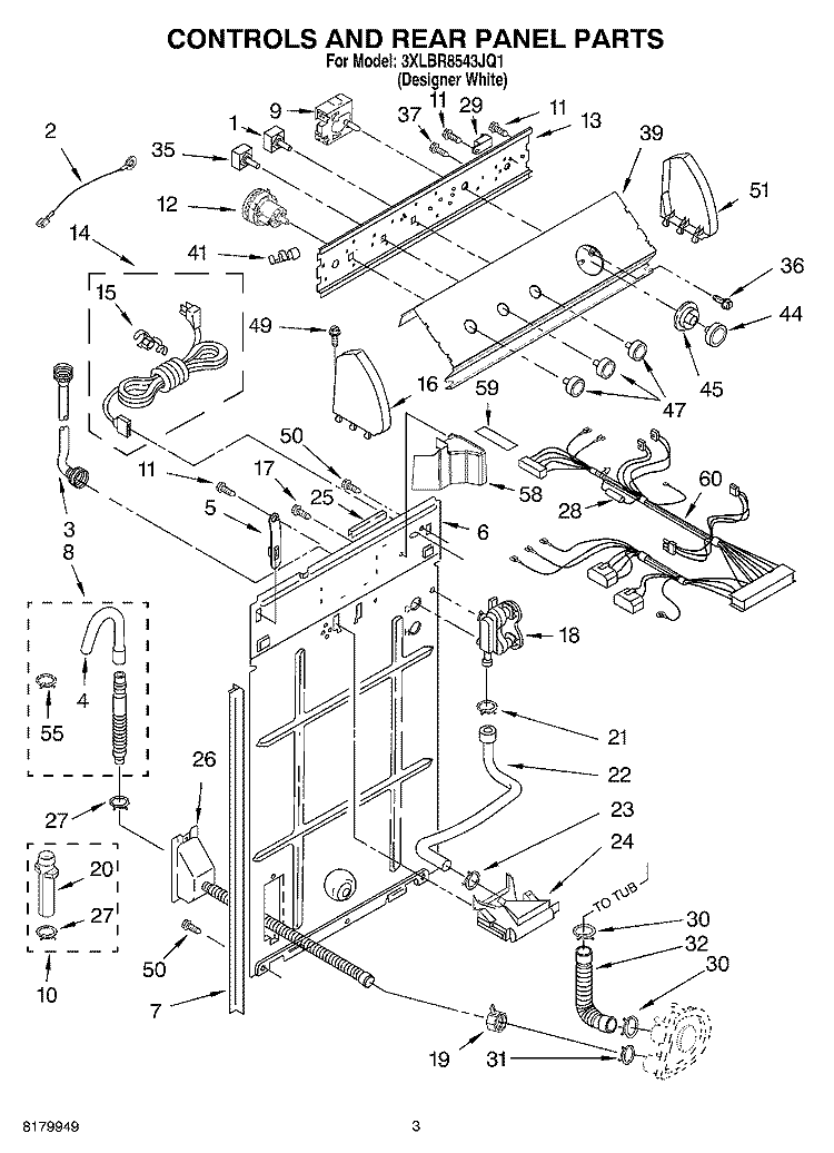 CONTROLS AND REAR PANEL PARTS Diagram and Parts List for 3XLBR8543JQ1  Whirlpool Washer