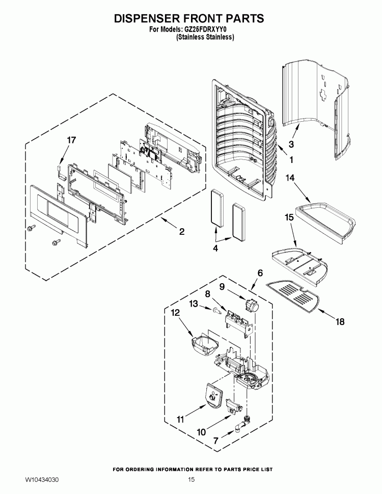 DISPENSER FRONT PARTS Diagram and Parts List for GZ25FDRXYY0  Whirlpool Refrigerator