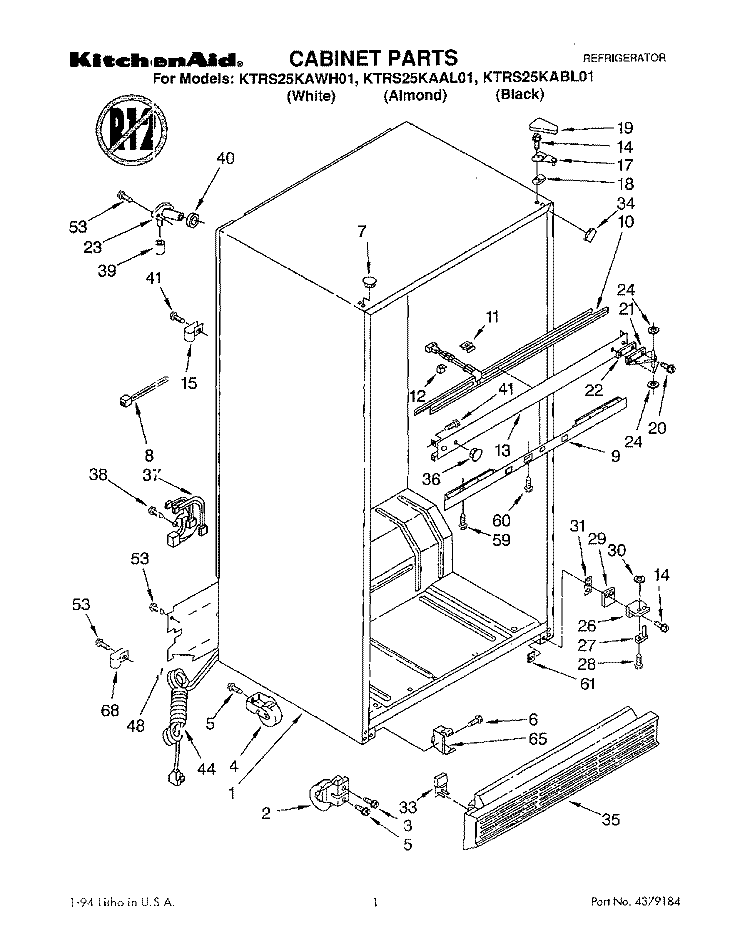 CABINET Diagram and Parts List for KTRS25KAAL01  KitchenAid Refrigerator