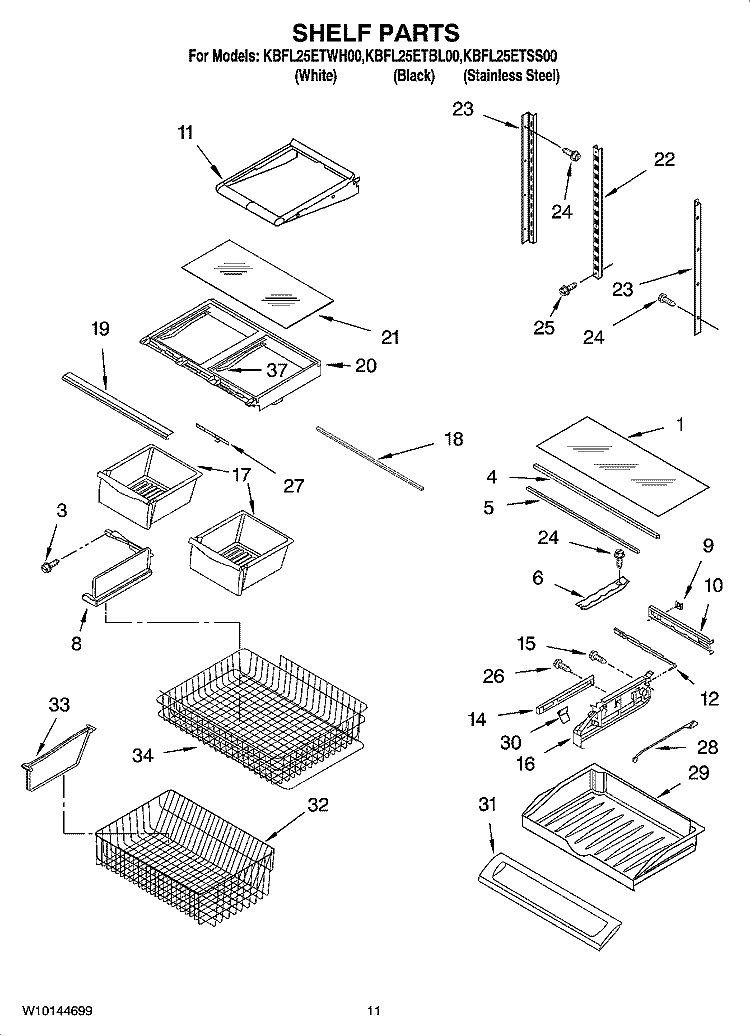 SHELF PARTS Diagram and Parts List for KBFL25ETBL00  KitchenAid Refrigerator
