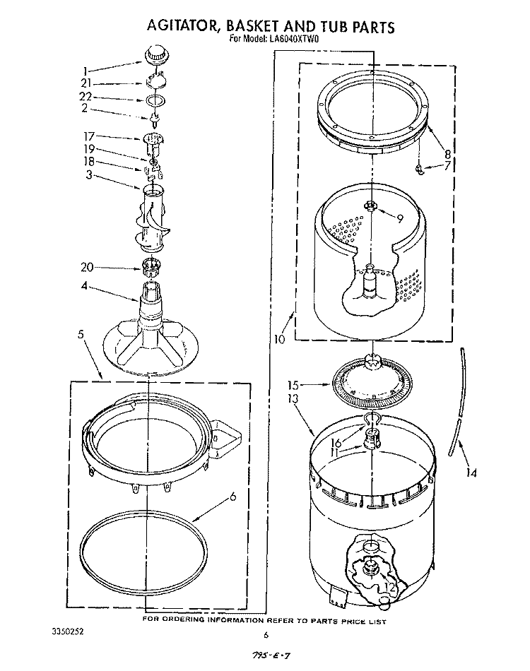 AGITATOR, BASKET AND TUB Diagram and Parts List for LA6040XTW0  Whirlpool Washer