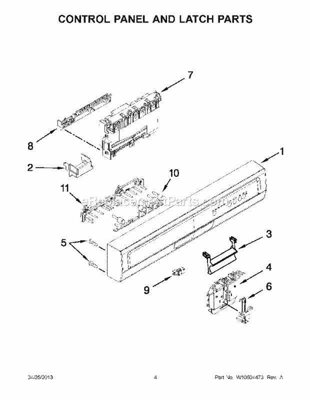 Control Panel And Latch Parts Diagram and Parts List for ADB1400PYD2  Whirlpool Dishwasher