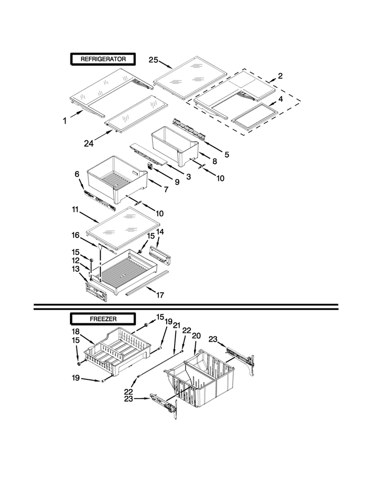 Shelf Parts Diagram and Parts List for KFFS20EYMS02  KitchenAid Refrigerator