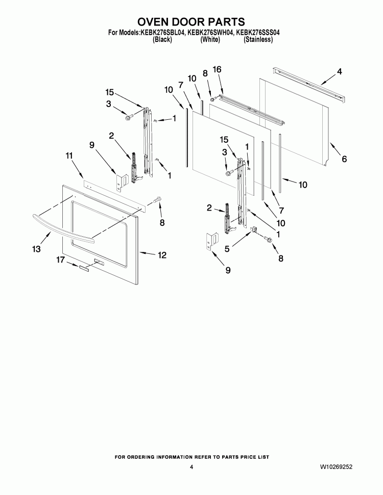 OVEN DOOR PARTS Diagram and Parts List for KEBK276SWH04  KitchenAid Wall Oven
