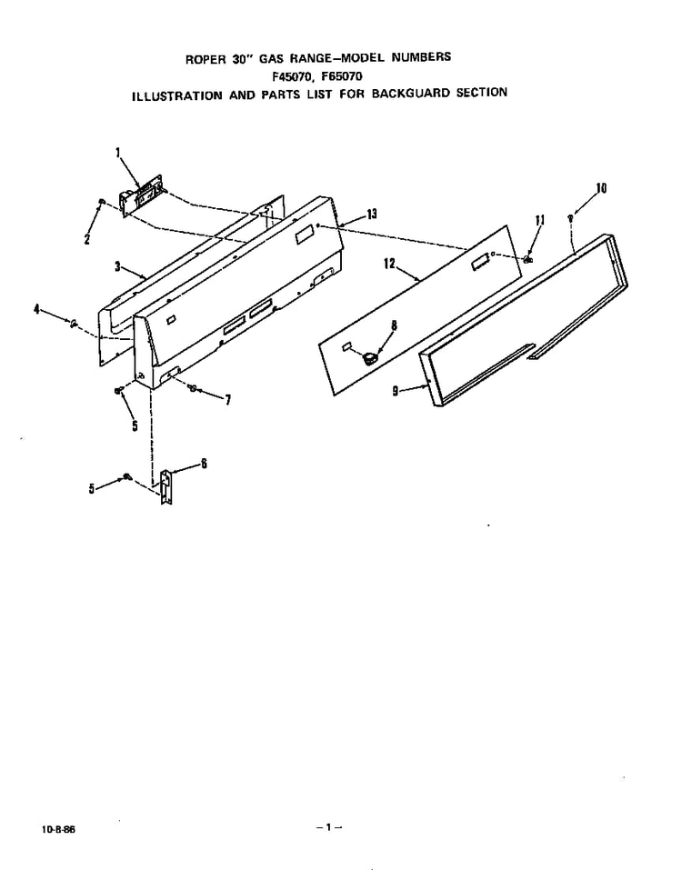 Backguard Diagram and Parts List for F6507*0  Roper Range