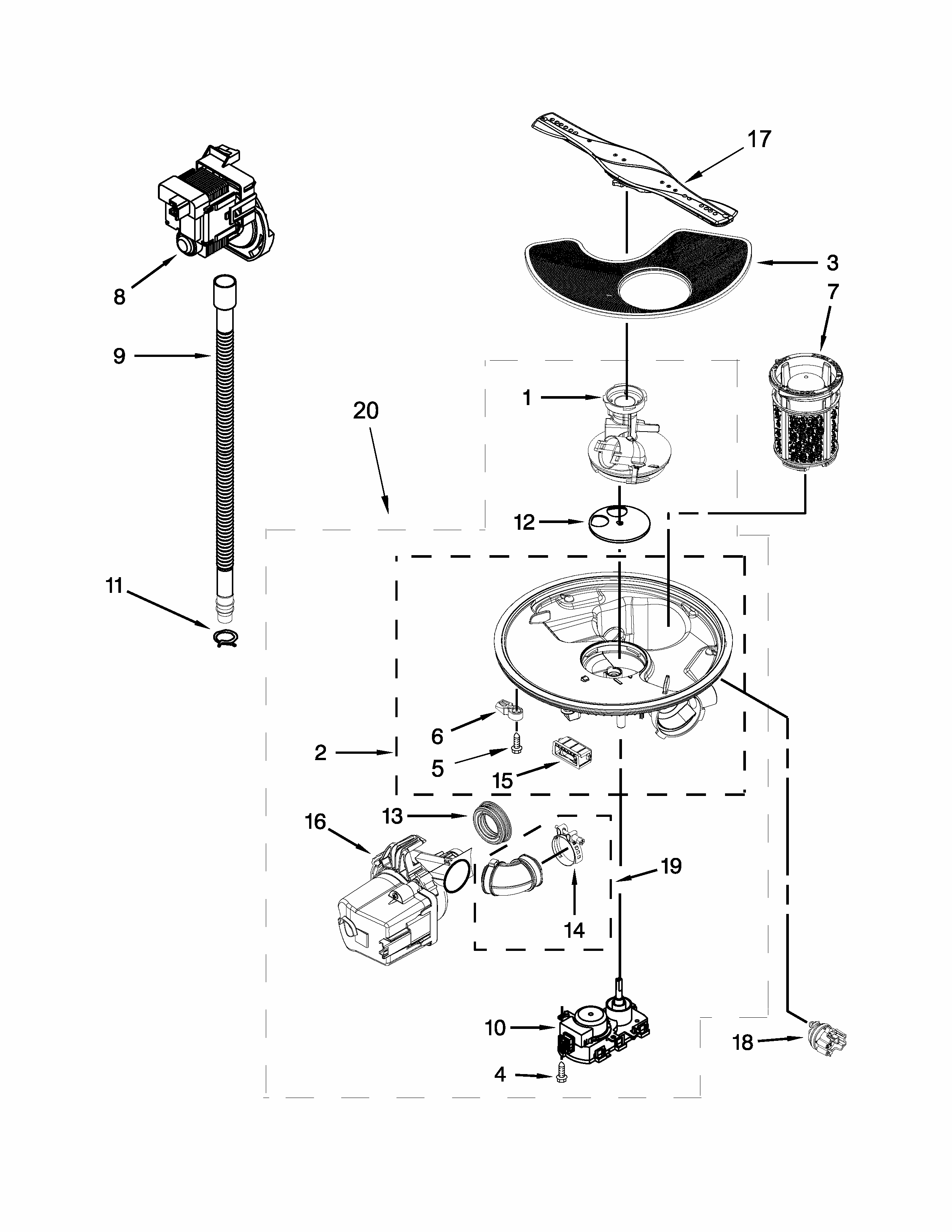 Pump, Washarm And Motor Parts Diagram and Parts List for 66513499N412  Kenmore Dishwasher