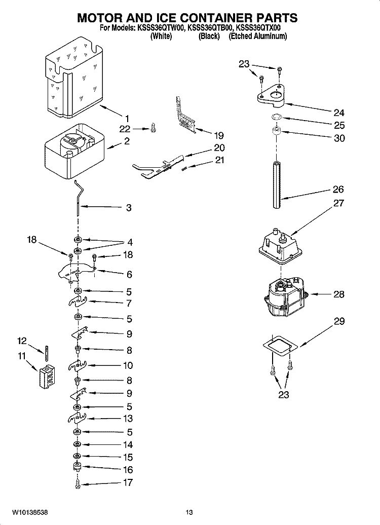 MOTOR AND ICE CONTAINER PARTS Diagram and Parts List for KSSS36QTB00  KitchenAid Refrigerator