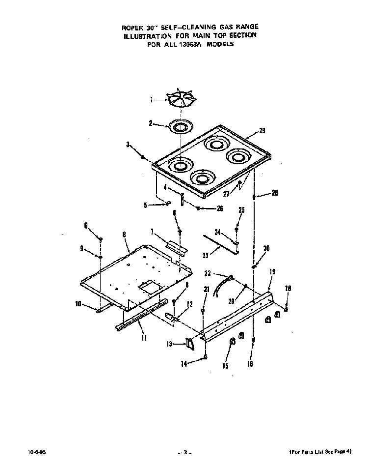 Main Top Diagram and Parts List for 1395*3A  Roper Range