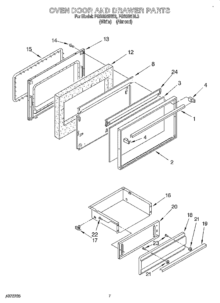 OVEN DOOR AND DRAWER Diagram and Parts List for FGS385BW3  Roper Range
