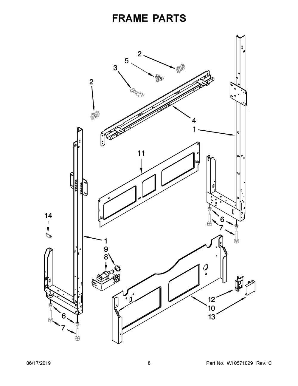Frame Parts Diagram and Parts List for WDF518SAAM0  Whirlpool Dishwasher