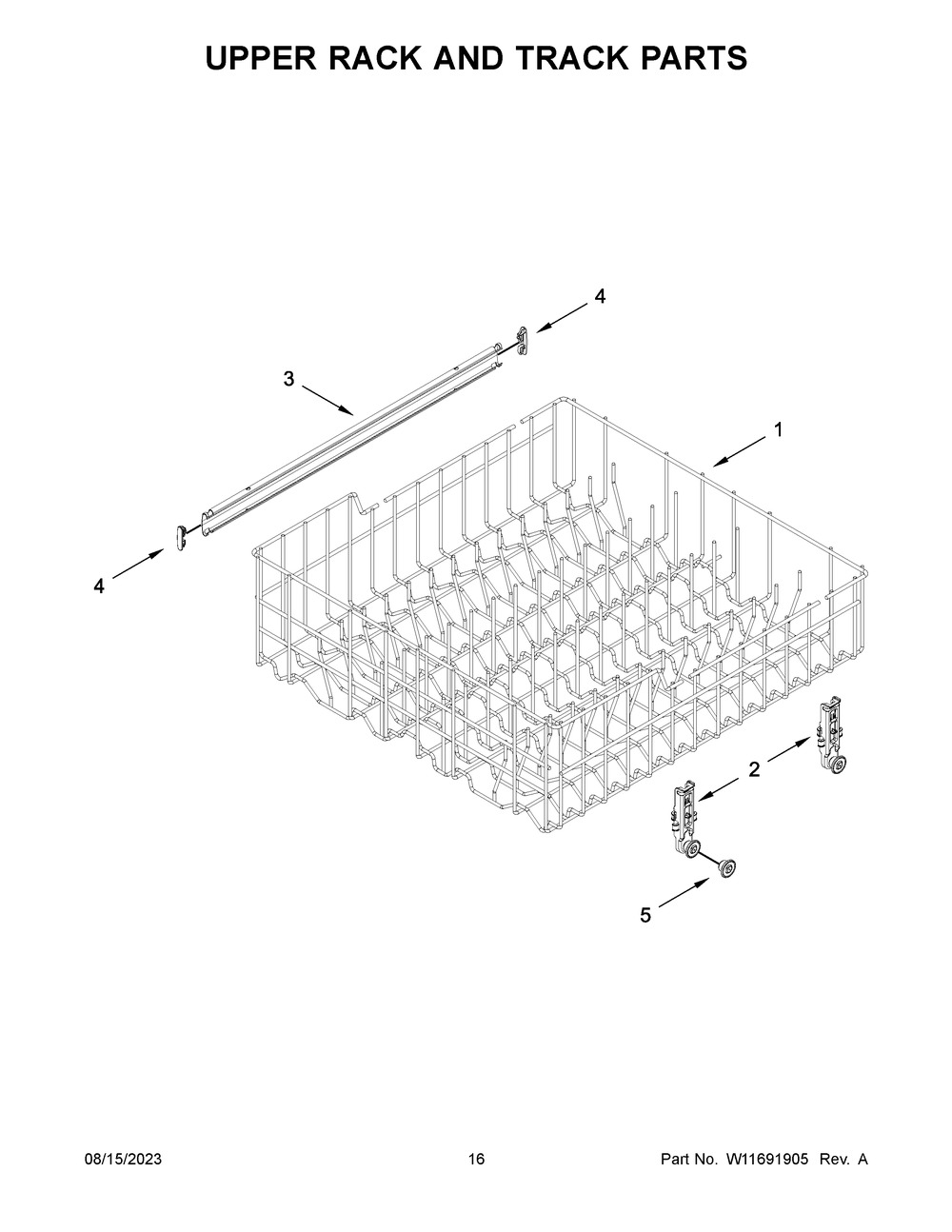 Upper Rack And Track Parts Diagram and Parts List for WDF341PAPW1  Whirlpool Dishwasher