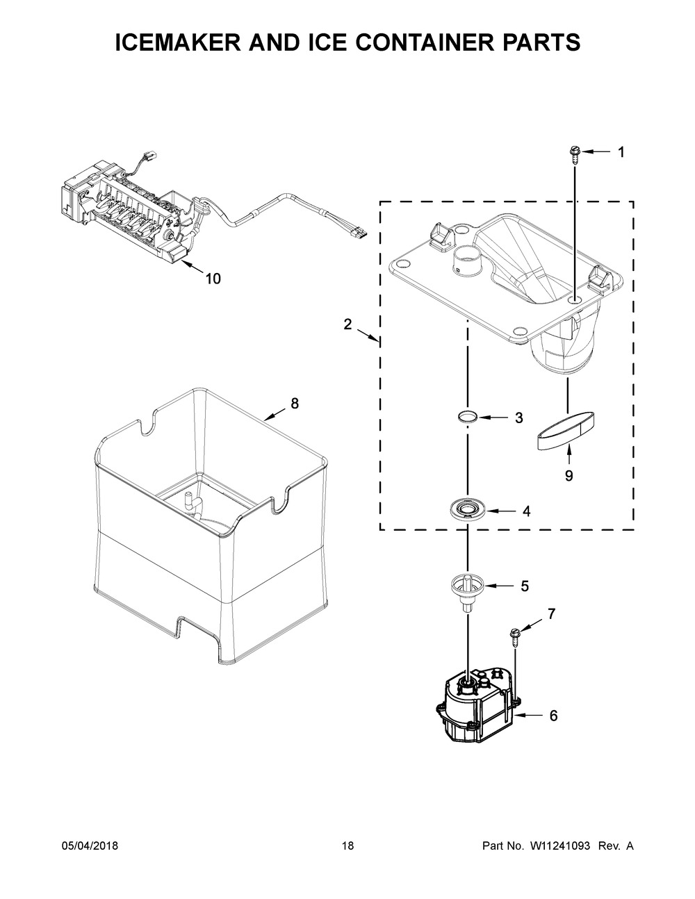 Icemaker And Ice Container Parts Diagram and Parts List for KRFF507HBS00  Whirlpool Refrigerator