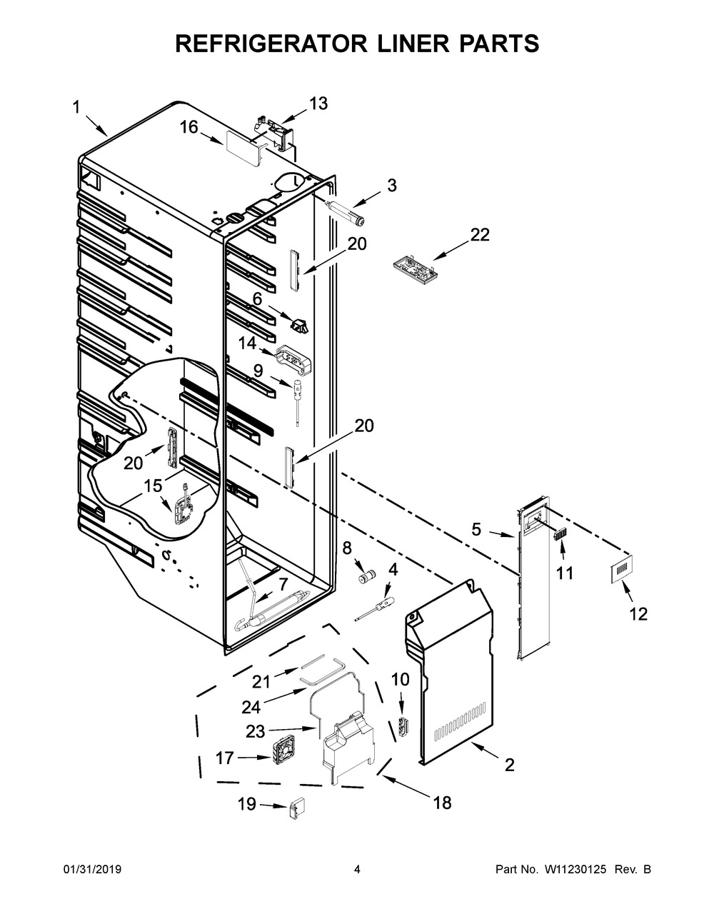 Refrigerator Liner Parts Diagram and Parts List for KRSC500ESS01  Whirlpool Refrigerator