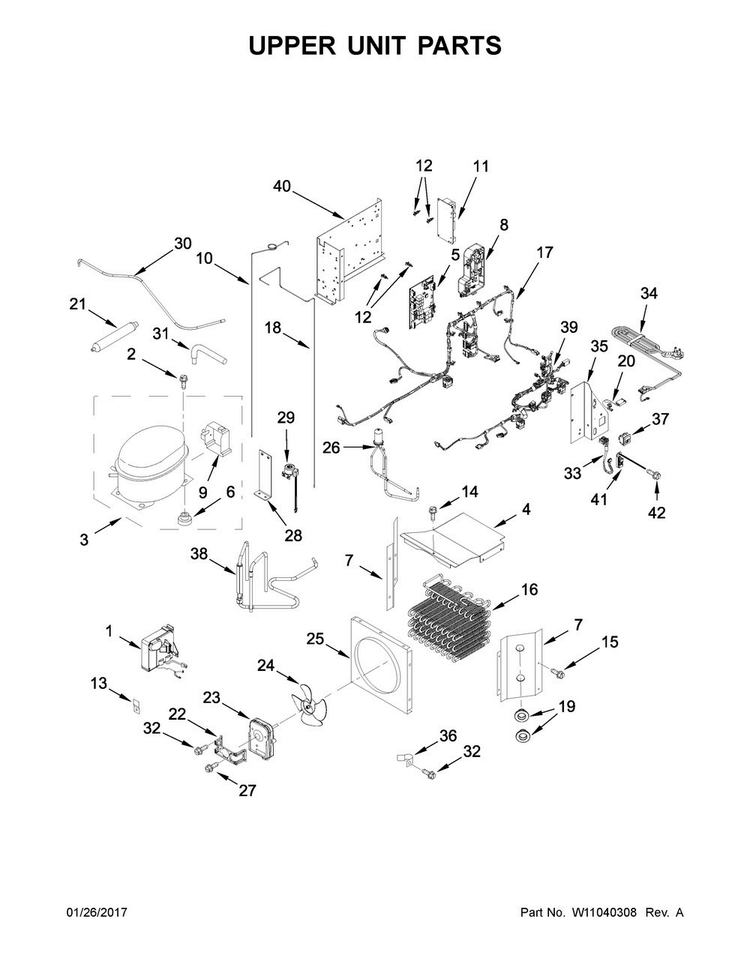 Upper Unit Parts Diagram and Parts List for KBFN406EPA01  KitchenAid Refrigerator