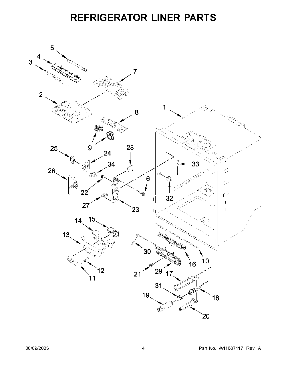 Refrigerator Liner Parts Diagram and Parts List for KRFF302EBS05  KitchenAid Refrigerator