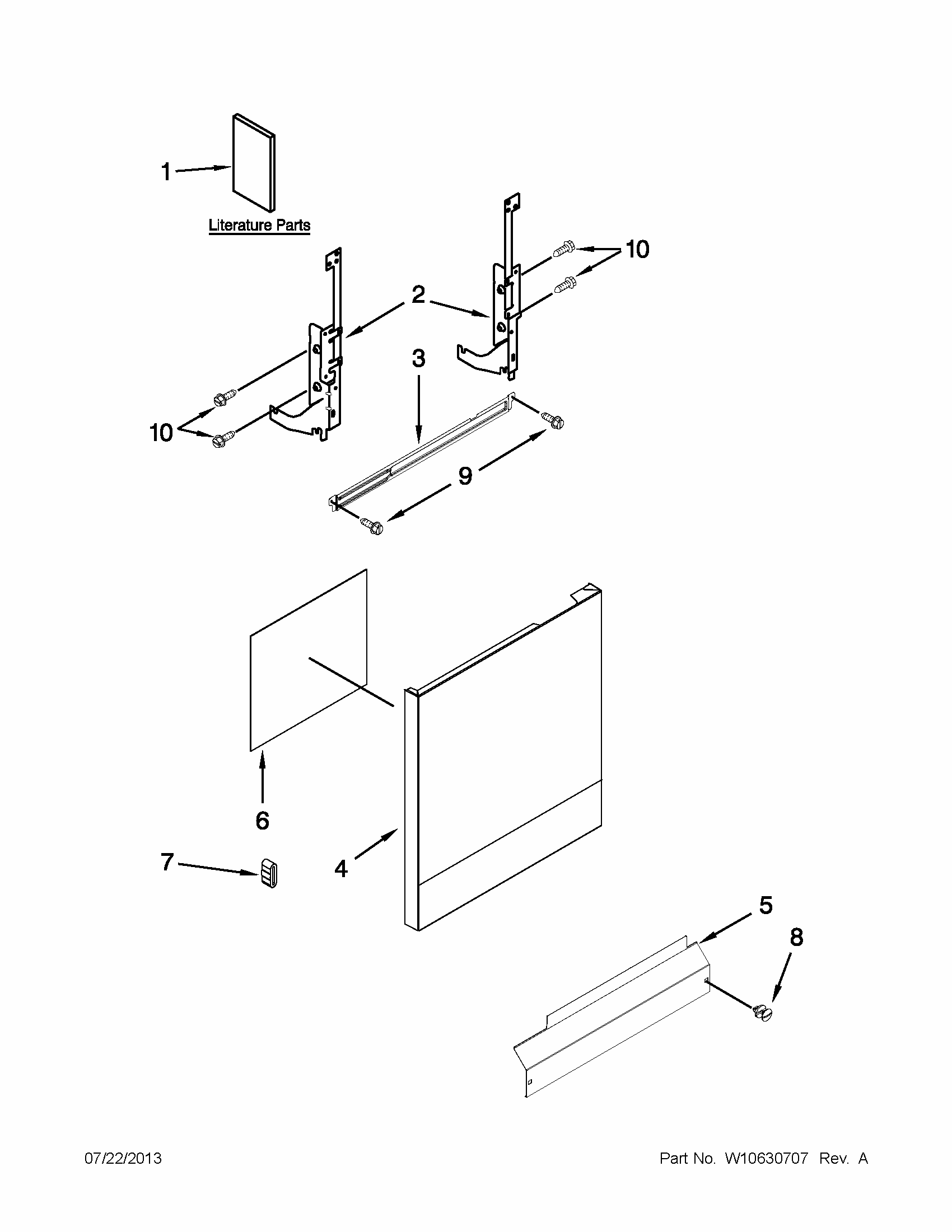 Door And Panel Parts Diagram and Parts List for IUD3100BW2  Whirlpool Dishwasher