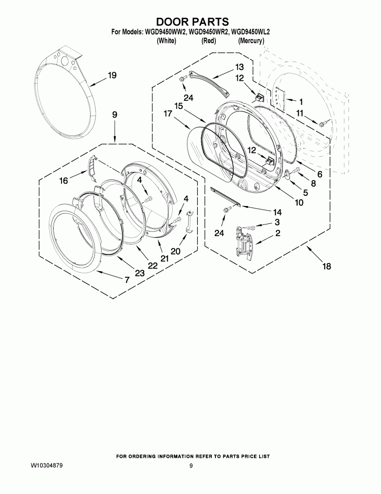 DOOR PARTS Diagram and Parts List for WGD9450WL2  Whirlpool Dryer